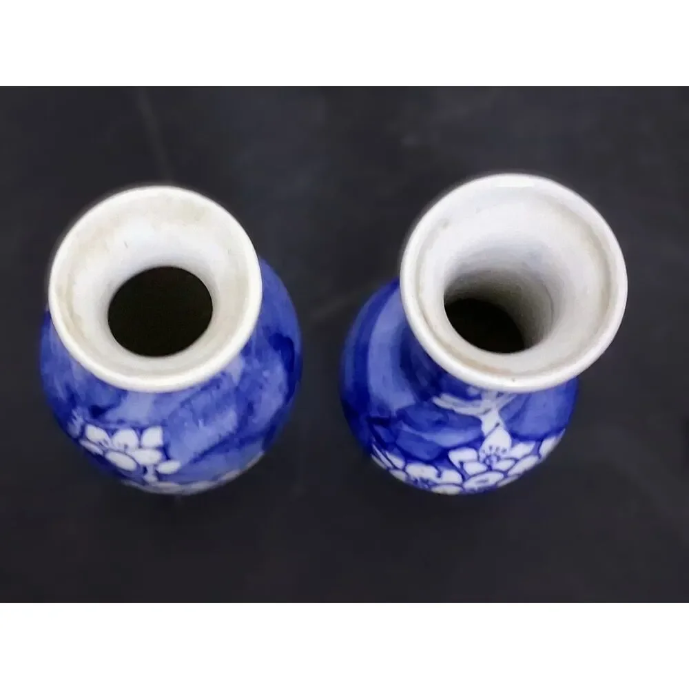 Vintage Set Of 2 Chinoiserie Cherry Blossom Chinese Mini Bud Vases Blue & White